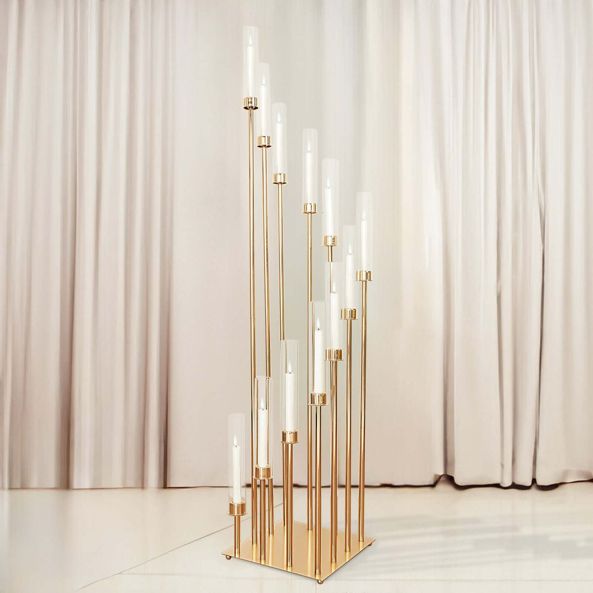 12-Arm Gold Cluster Taper Candle Holder with Clear Glass Shades 57" - Luxurious Large Candle Arrangement for Weddings
