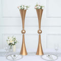 2 Pack Gold Crystal Embellishment Trumpet Table Centerpiece, Reversible Plastic Flower Vase 31"