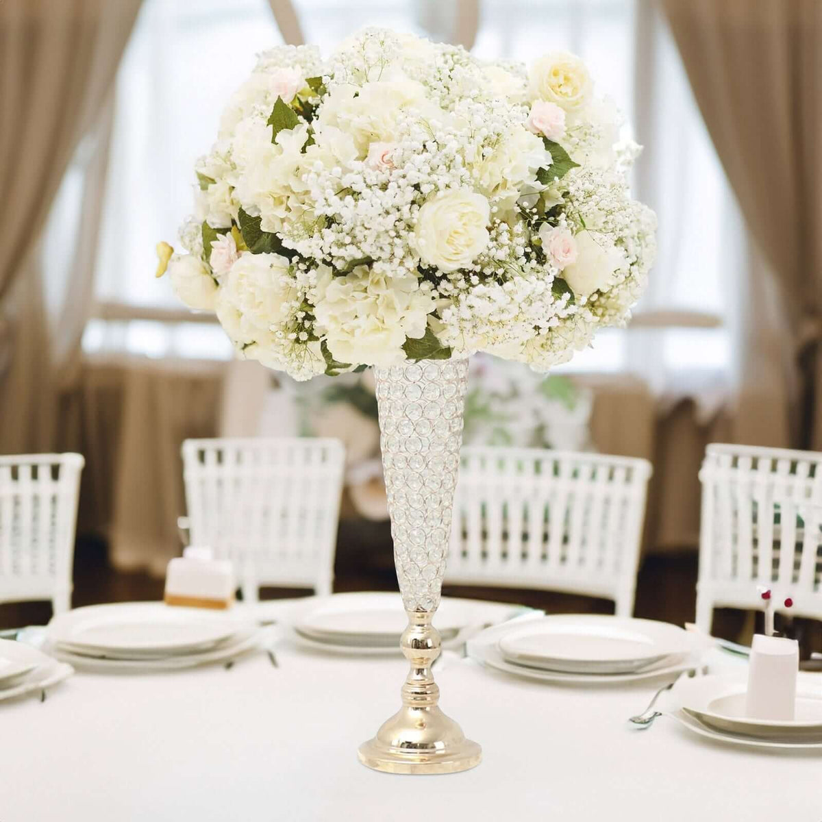 2-Pack Crystal Beaded Trumpet Vase Set 32" Gold - Table Centerpiece for Weddings and Events