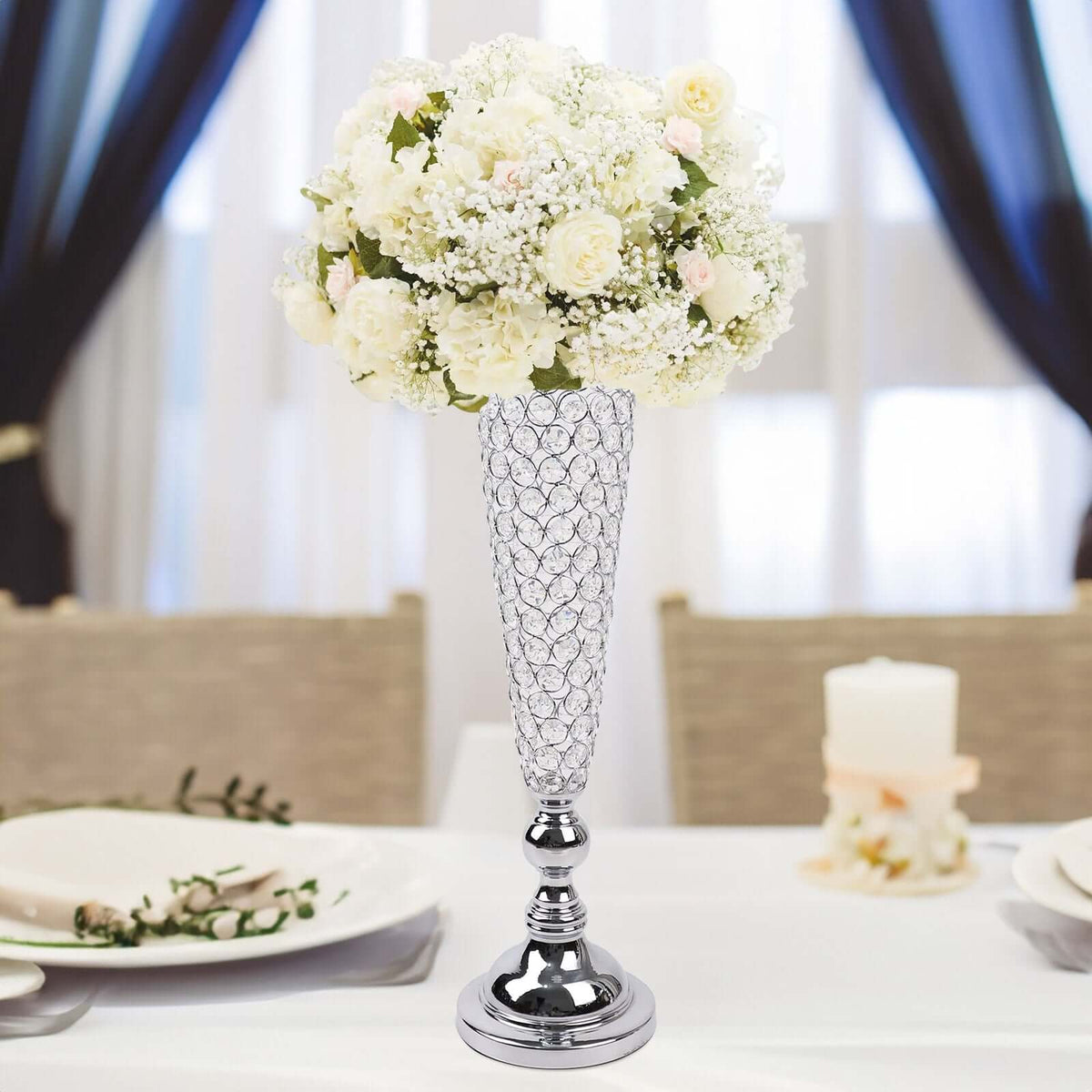 2-Pack Crystal Beaded Trumpet Vase Set 32" Silver - Table Centerpiece for Weddings and Events
