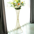 Gold Metal Wire Trumpet Shaped Flower Centerpiece Stand, Hourglass Open Frame Reversible Pedestal Prop 48" Tall