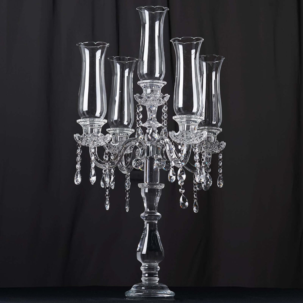 5 Arm Crystal Glass Taper Candle Holder Candelabra 32" - Stylish Table Centerpiece With Chandelier Chains