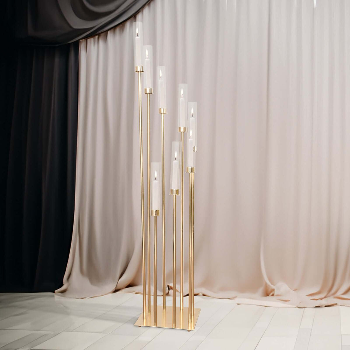8 Arm Cluster Taper Candle Holder 42" Gold With Clear Glass Shades - Large Candle Arrangement for Sophisticated Wedding Party Event Table Centerpiece