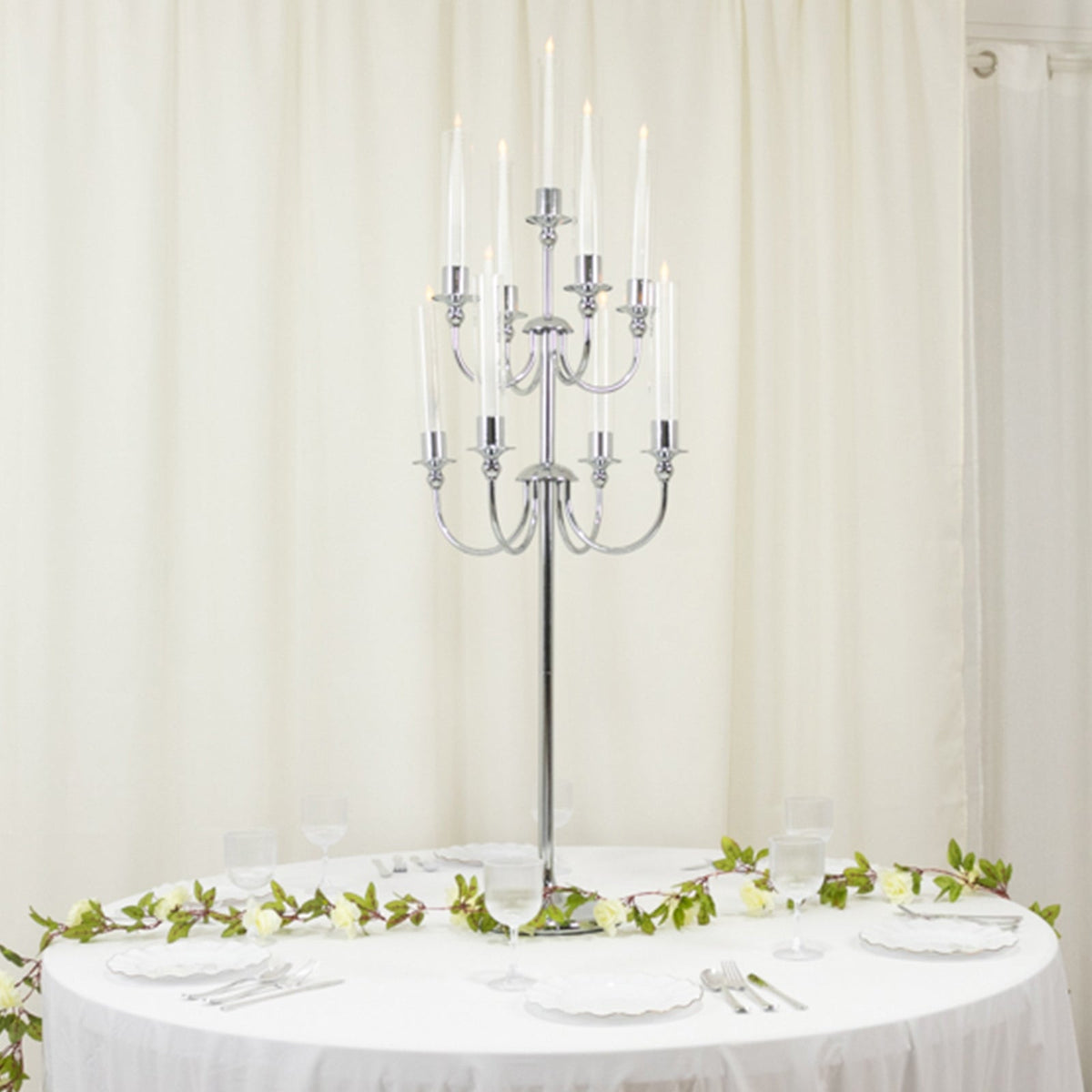 Metal Floor Candelabra Candle Holder 46" Tall - 9-Arm Silver Vintage Taper Candlestick Stand Table Centerpiece for Weddings & Parties