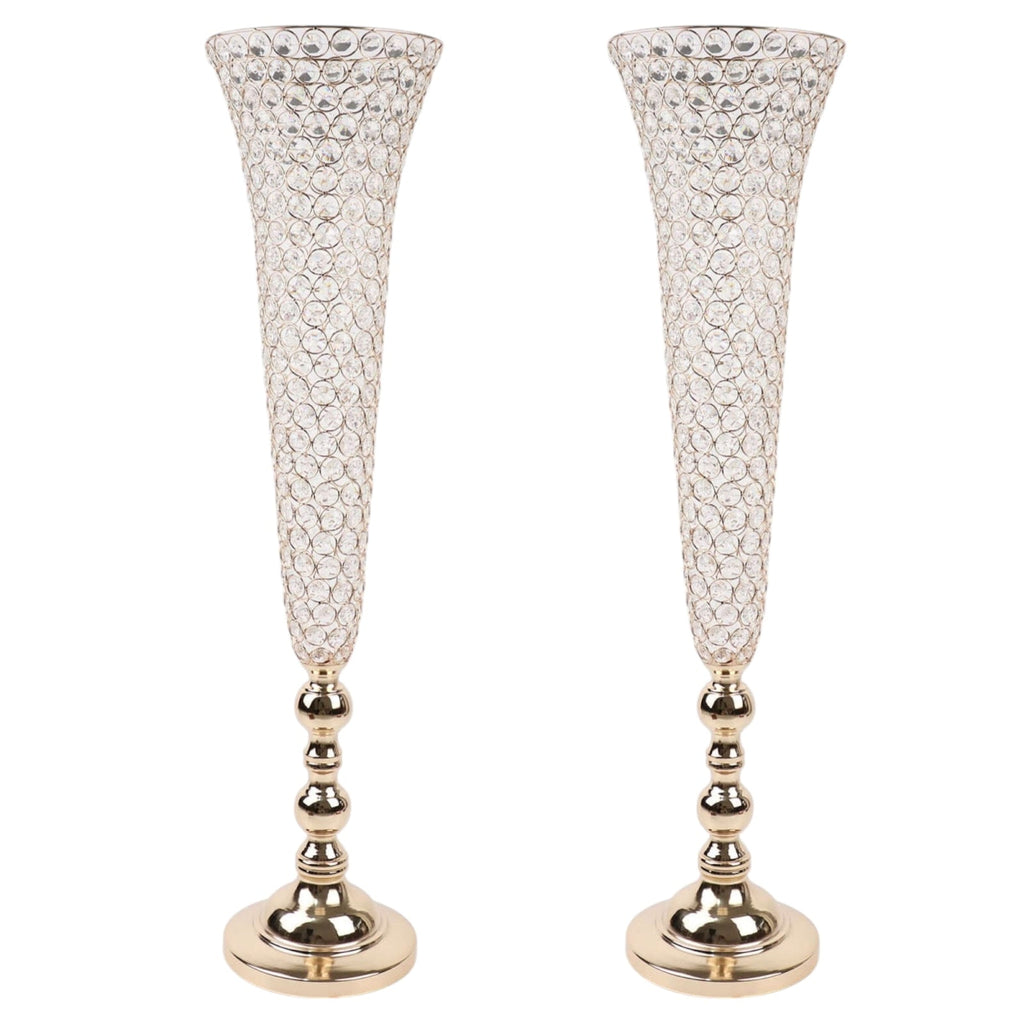2-Pack Crystal Beaded Trumpet Vase Set 40" Gold - Table Centerpiece for Grand Occasions