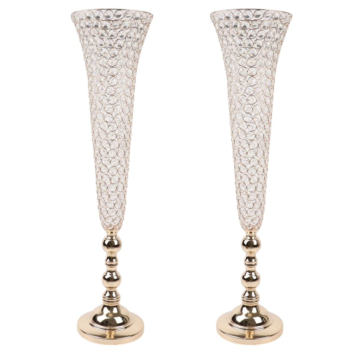 2-Pack Crystal Beaded Trumpet Vase Set 40" Gold - Table Centerpiece for Grand Occasions