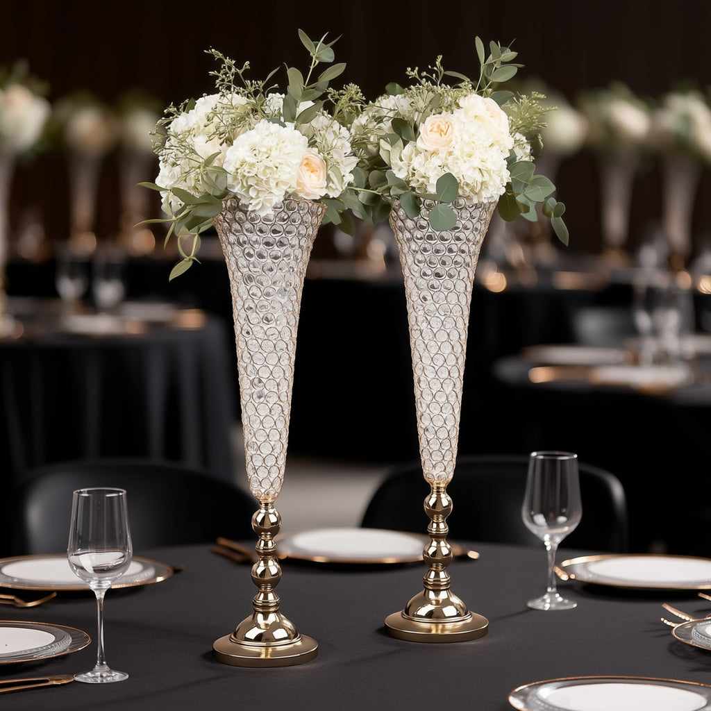 2-Pack Crystal Beaded Trumpet Vase Set 40" Gold - Table Centerpiece for Grand Occasions