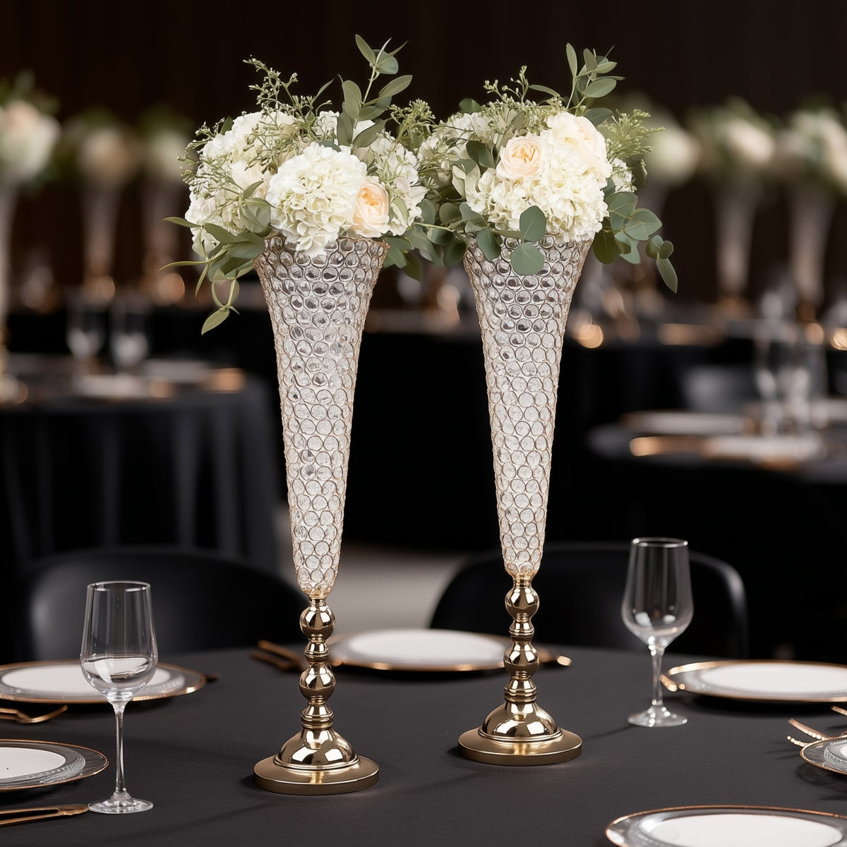 2-Pack Crystal Beaded Trumpet Vase Set 40" Gold - Table Centerpiece for Grand Occasions