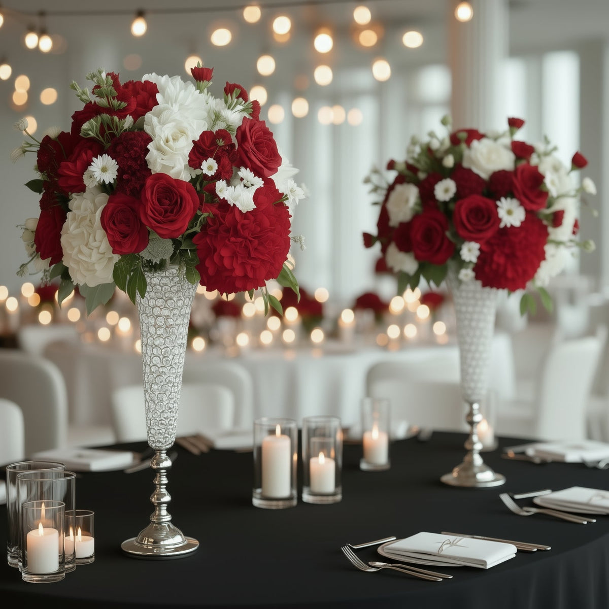 2-Pack Crystal Beaded Trumpet Vase Set 40" Silver - Table Centerpiece for Grand Occasions