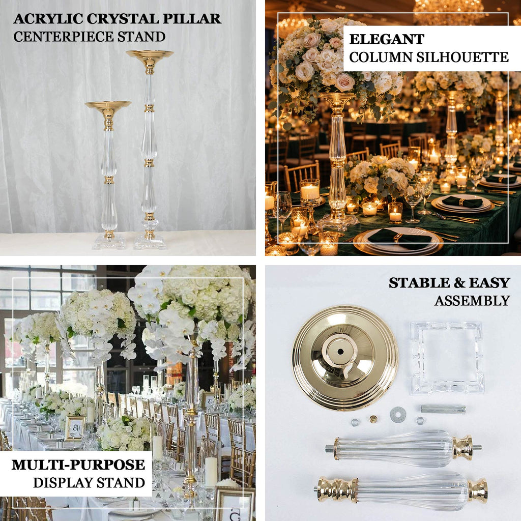 Acrylic Crystal Pillar Candle Stand 32" Gold/Clear - Table Centerpiece and Wedding Flower Bowl Pedestal