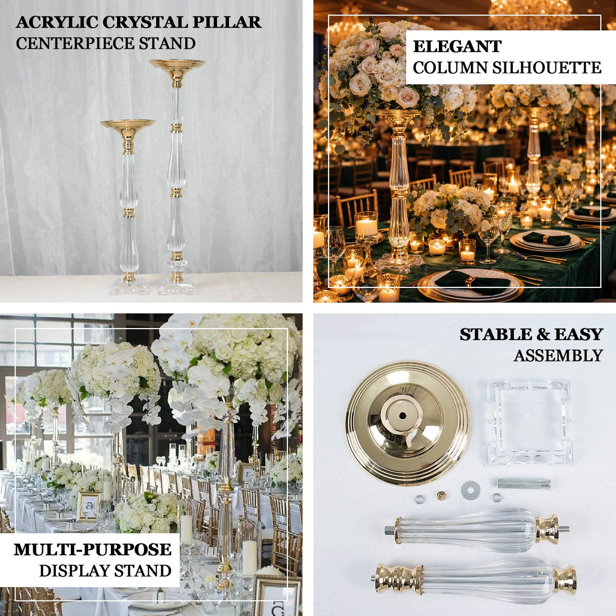 Acrylic Crystal Pillar Candle Stand 32" Gold/Clear - Table Centerpiece and Wedding Flower Bowl Pedestal