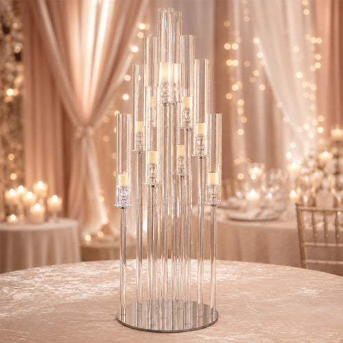 10-Arm Crystal Cluster Taper Candelabra Round Design with Mirror Base 47" Clear - Radiant Candle Holder Table Centerpiece for Votive & Pillar Candles