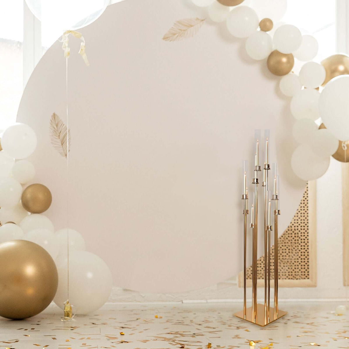 10-Arm Gold Cluster Taper Candle Holder with Clear Glass Shades 50" - Stylish Large Candle Arrangement for Events