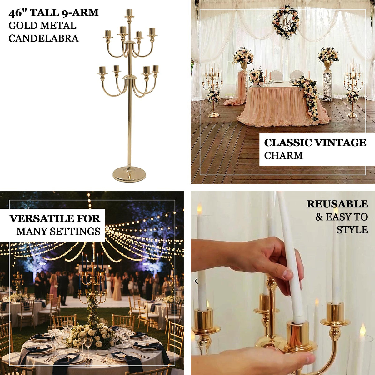 Metal Floor Candelabra Candle Holder 46" Tall - 9-Arm Gold Vintage Taper Candlestick Stand Table Centerpiece for Weddings & Parties