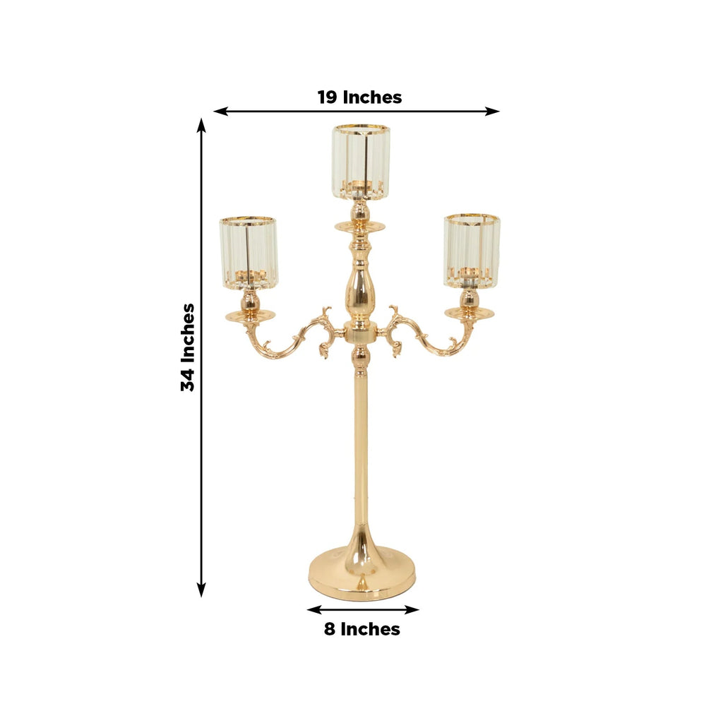 3-Arm Gold Metal Candelabra with Crystal Pendant Glass Shades – 34" Tall Candle Holder for Pillar, LED, and Flameless Candles