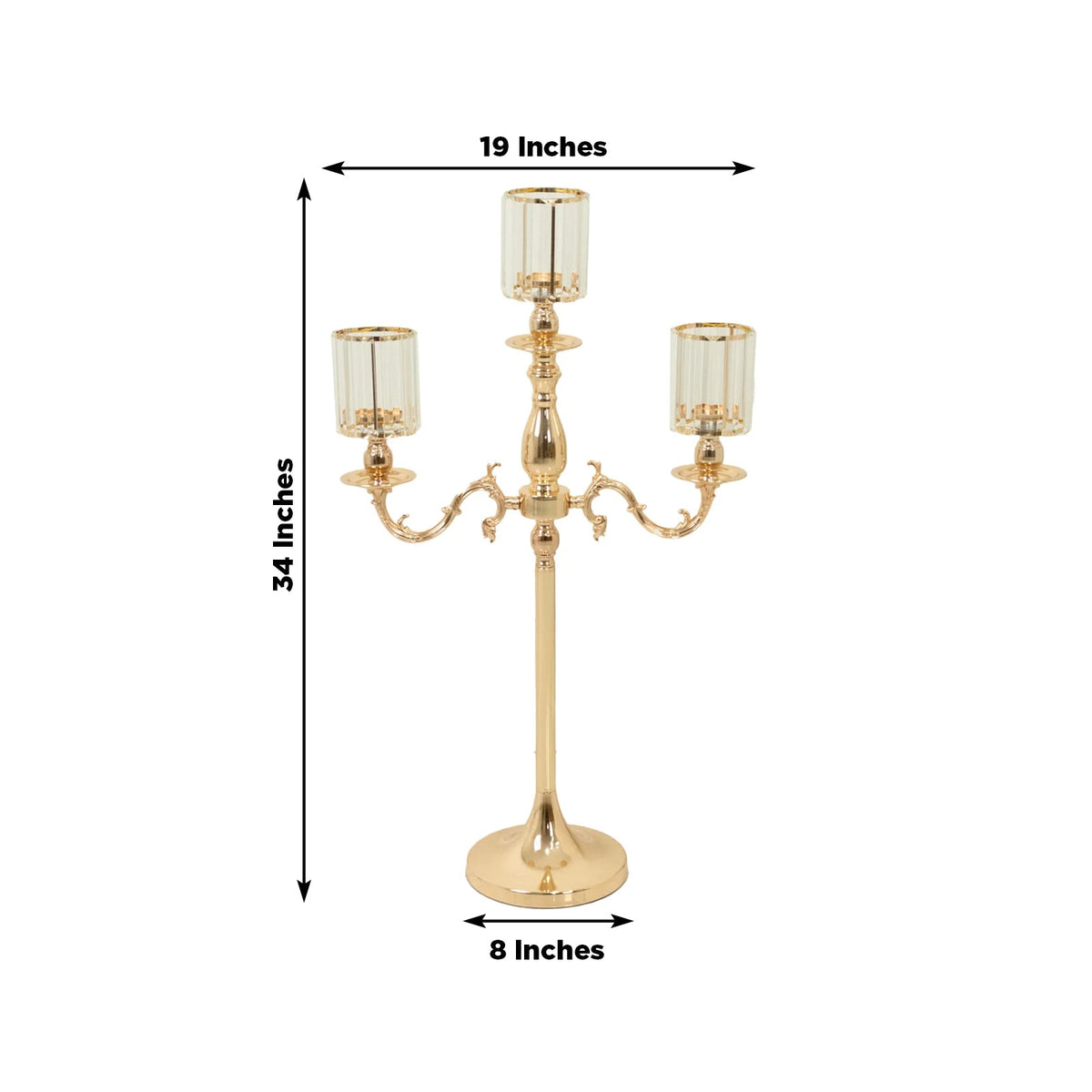 3-Arm Gold Metal Candelabra with Crystal Pendant Glass Shades – 34" Tall Candle Holder for Pillar, LED, and Flameless Candles