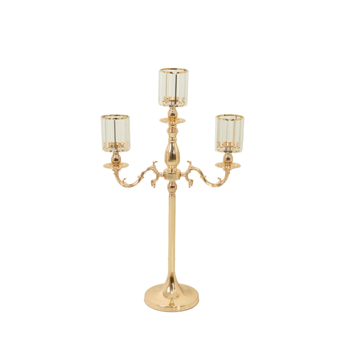 3-Arm Gold Metal Candelabra with Crystal Pendant Glass Shades – 34" Tall Candle Holder for Pillar, LED, and Flameless Candles
