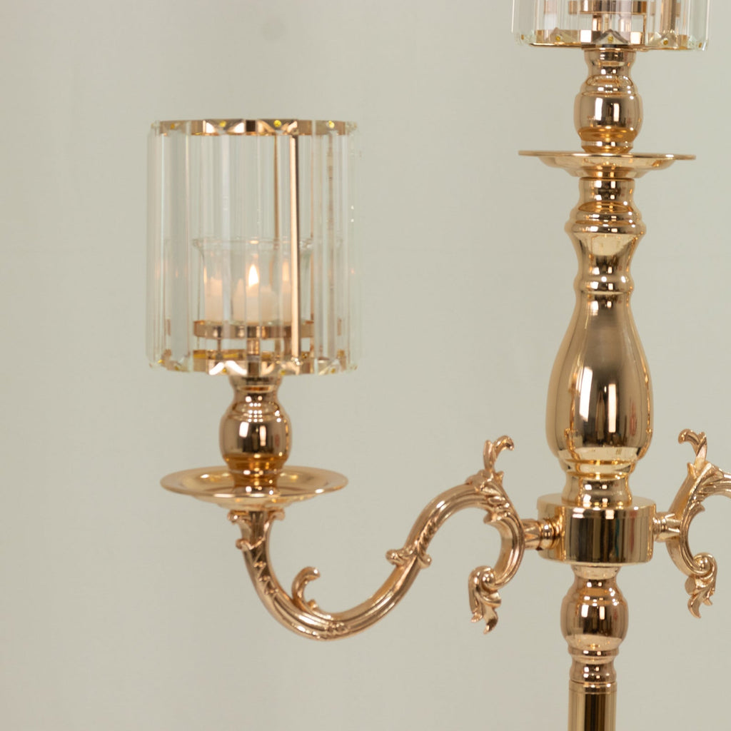 3-Arm Gold Metal Candelabra with Crystal Pendant Glass Shades – 34" Tall Candle Holder for Pillar, LED, and Flameless Candles