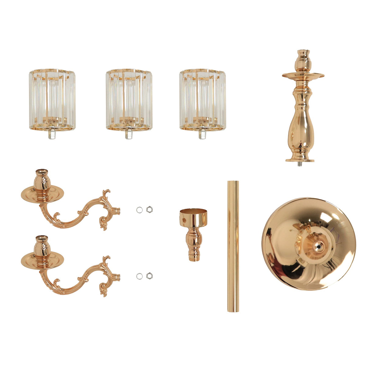 3-Arm Gold Metal Candelabra with Crystal Pendant Glass Shades – 34" Tall Candle Holder for Pillar, LED, and Flameless Candles
