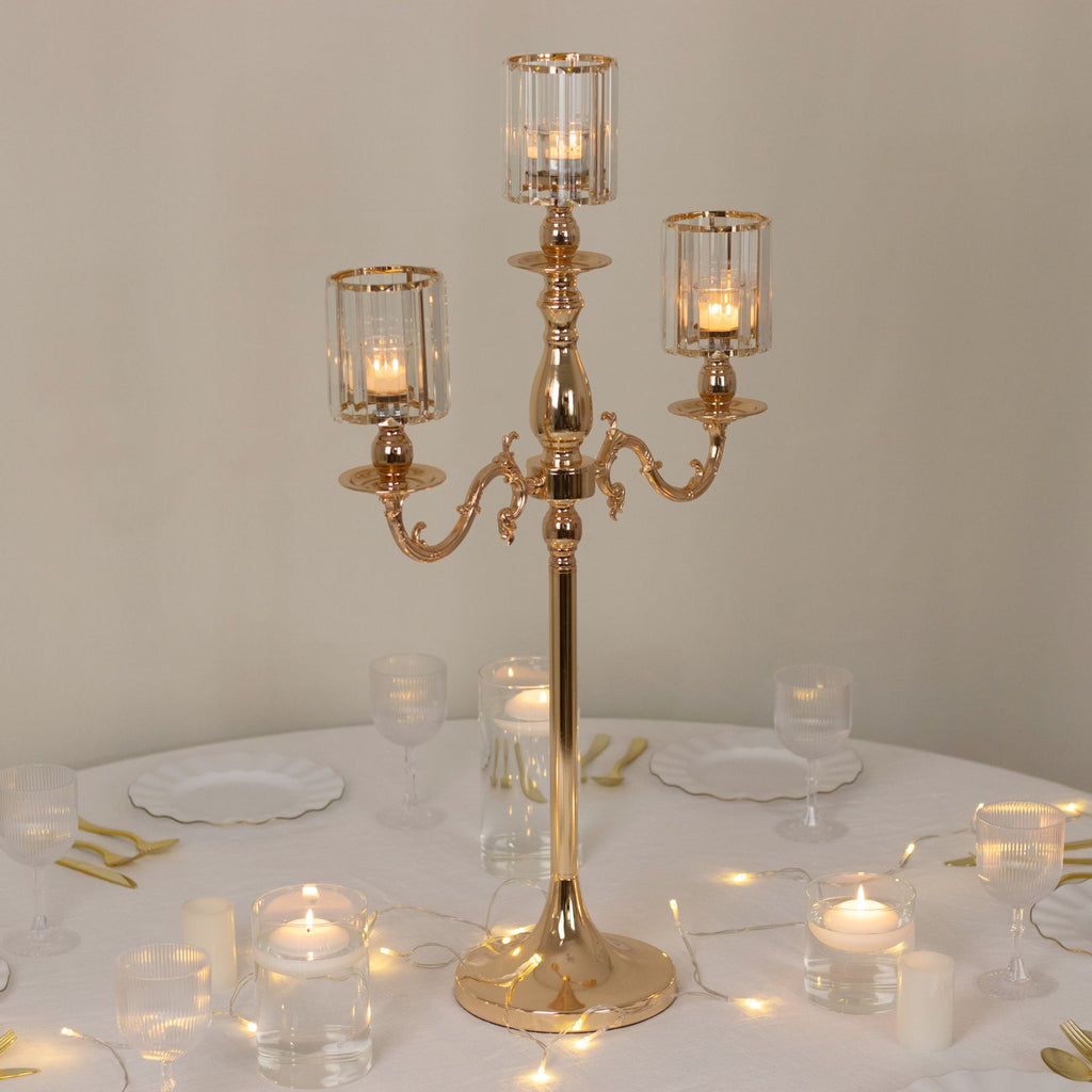 3-Arm Gold Metal Candelabra with Crystal Pendant Glass Shades – 34" Tall Candle Holder for Pillar, LED, and Flameless Candles