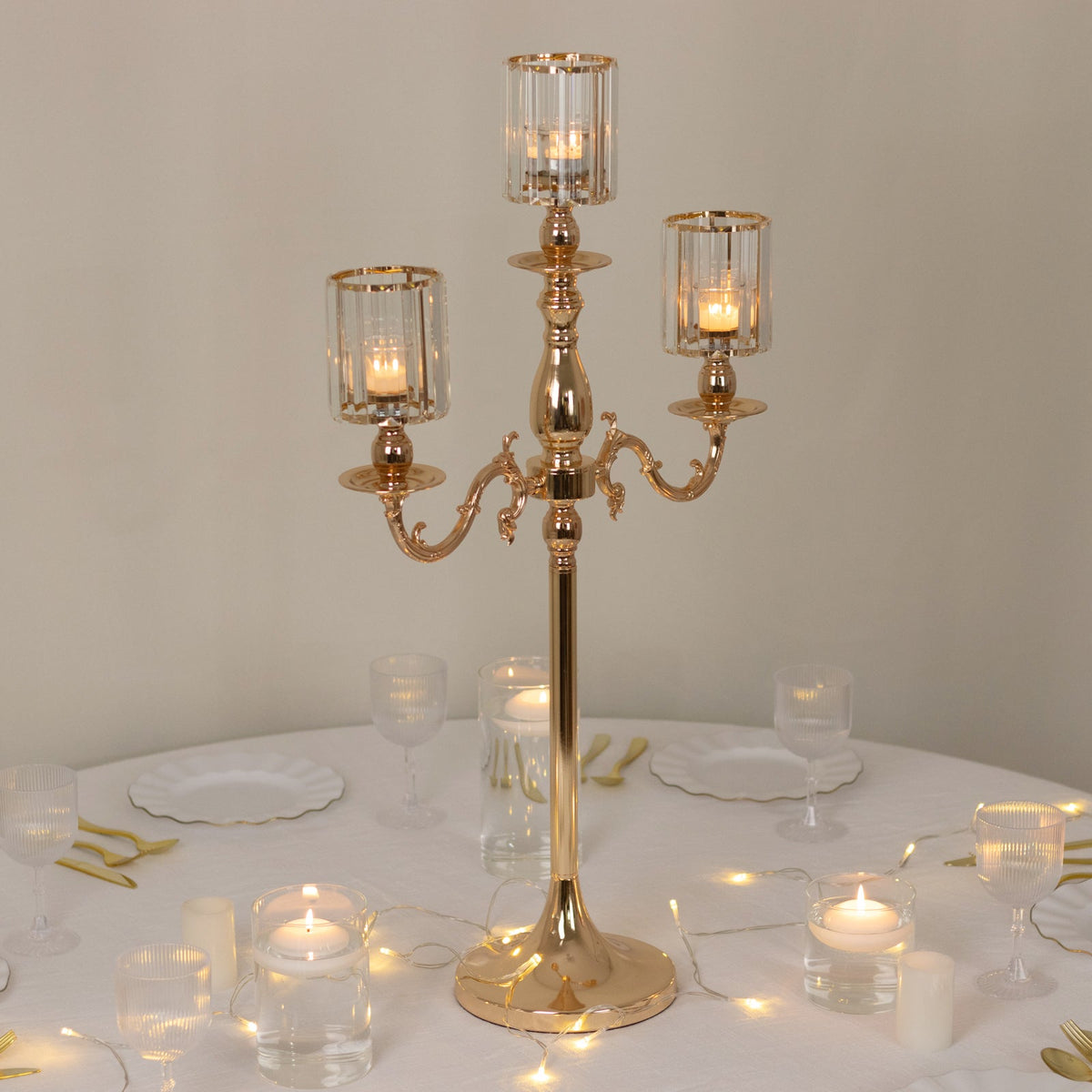 3-Arm Gold Metal Candelabra with Crystal Pendant Glass Shades – 34" Tall Candle Holder for Pillar, LED, and Flameless Candles