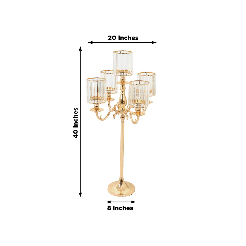 5-Arm Gold Metal Candelabra with Crystal Pendant Glass Shades – 40" Tall Candle Holder for Pillar, LED, and Flameless Candles