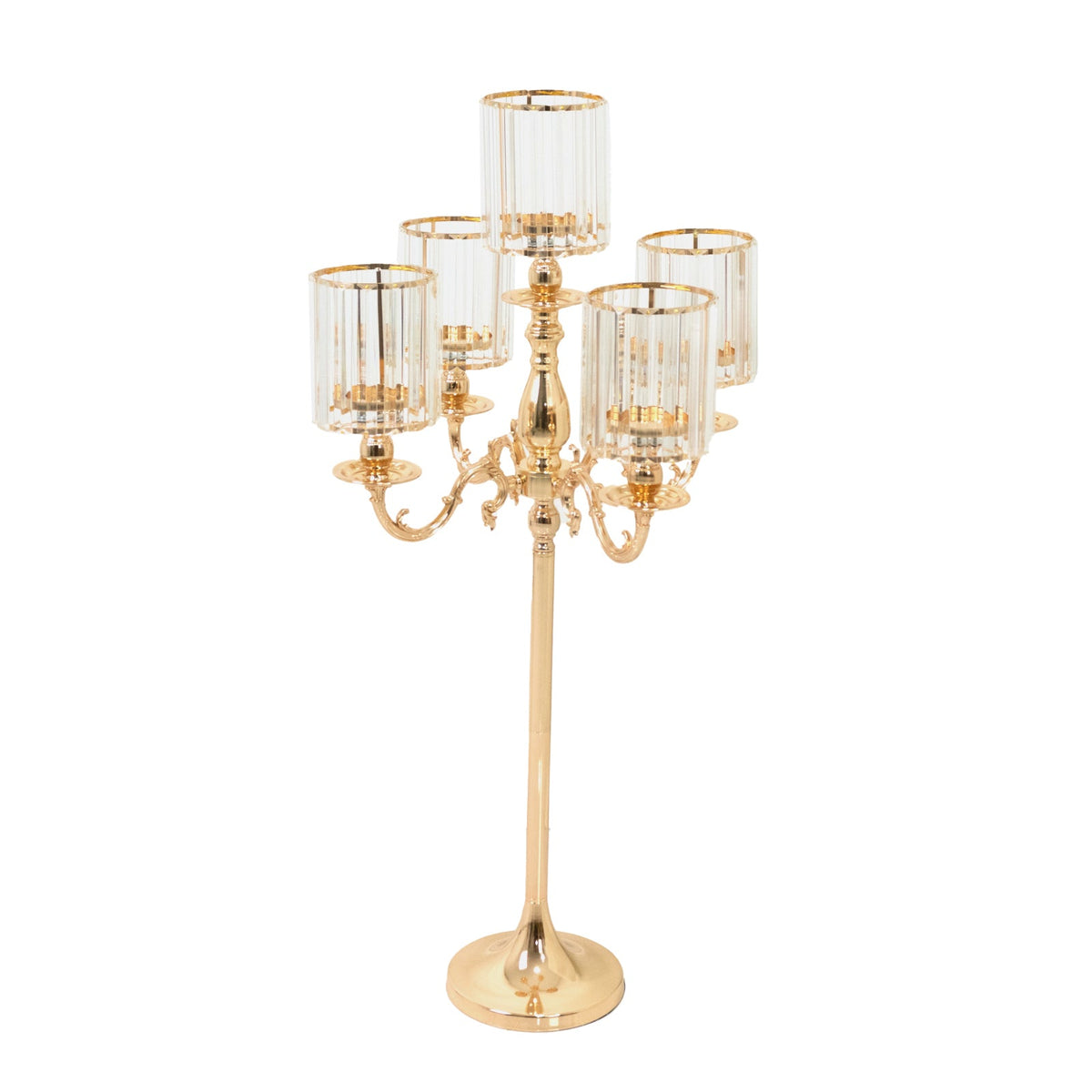 5-Arm Gold Metal Candelabra with Crystal Pendant Glass Shades – 40" Tall Candle Holder for Pillar, LED, and Flameless Candles