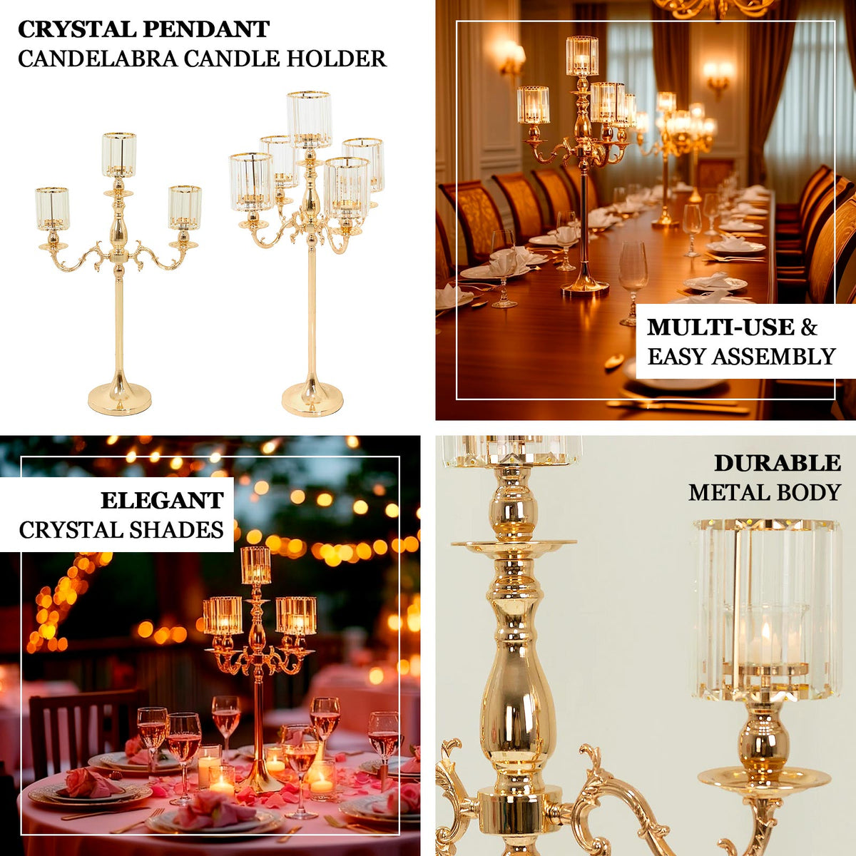 3-Arm Gold Metal Candelabra with Crystal Pendant Glass Shades – 34" Tall Candle Holder for Pillar, LED, and Flameless Candles