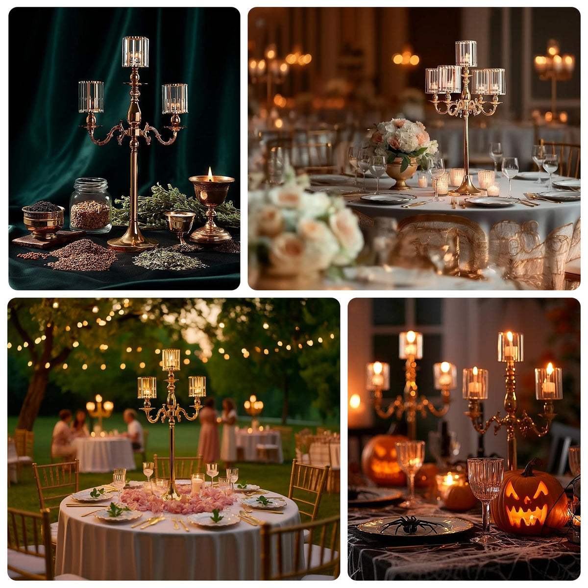 3-Arm Gold Metal Candelabra with Crystal Pendant Glass Shades – 34" Tall Candle Holder for Pillar, LED, and Flameless Candles