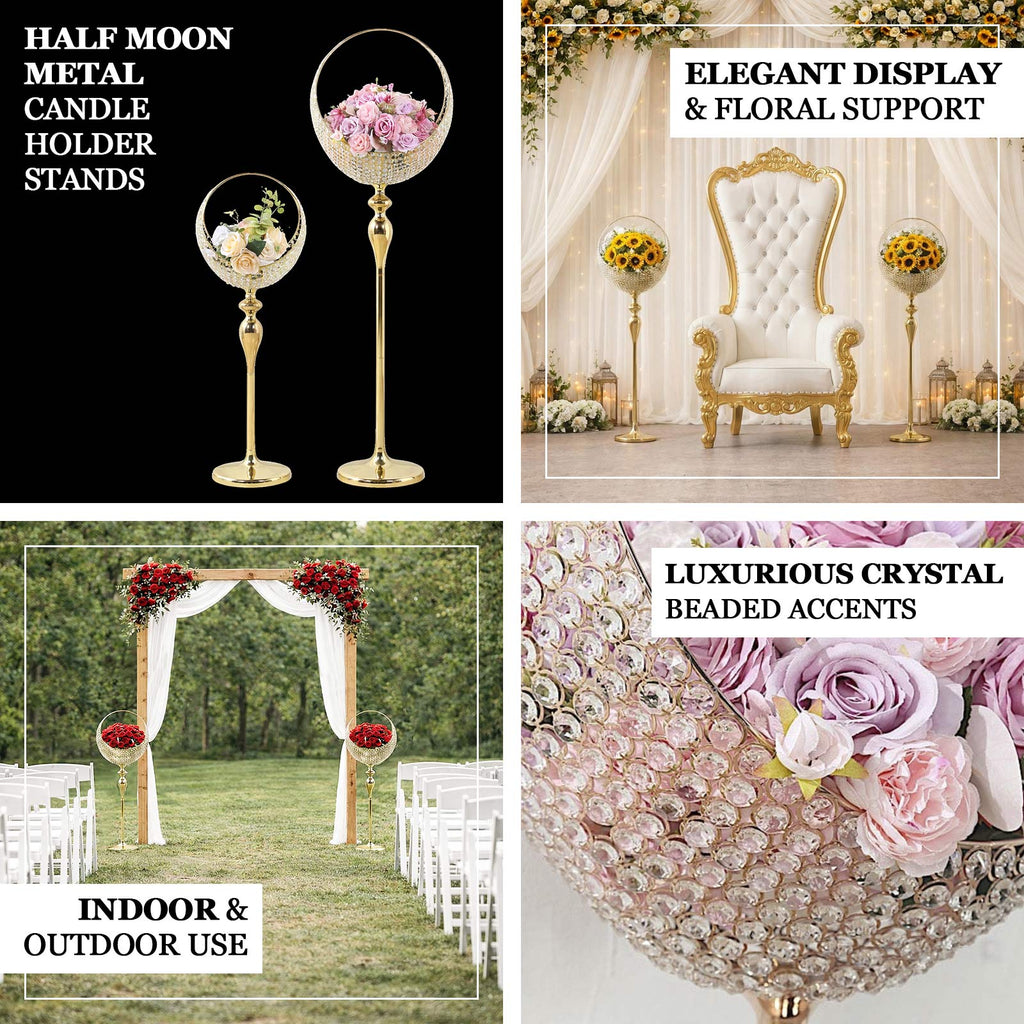 Metal Crystal Beaded Candle Holder Stand 3ft Tall - Half Moon Basket Design Gold Wedding Flower Centerpiece with Round Stable Base