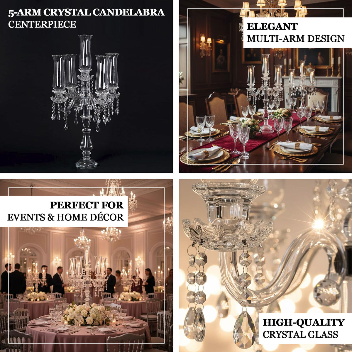 5 Arm Crystal Glass Taper Candle Holder Candelabra 32" - Stylish Table Centerpiece With Chandelier Chains