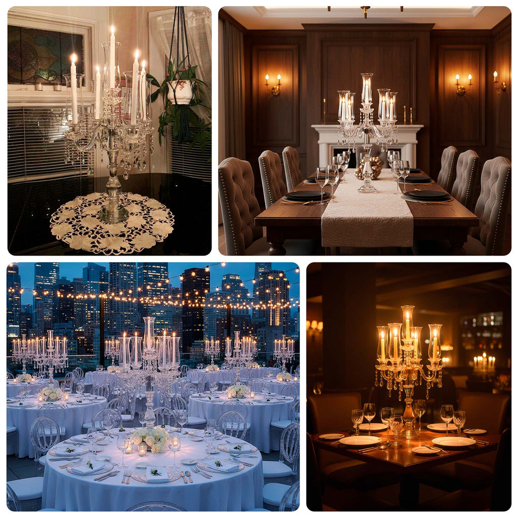 5 Arm Crystal Glass Taper Candle Holder Candelabra 32" - Stylish Table Centerpiece With Chandelier Chains
