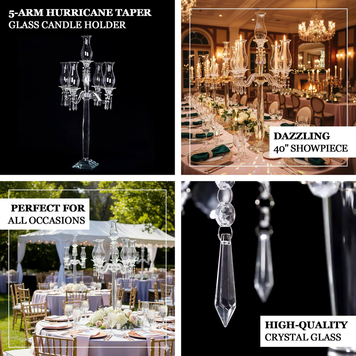 5 Arm Crystal Glass Taper Candle Holder Candelabra 40" - Luxurious Table Centerpiece With Chandelier Chains