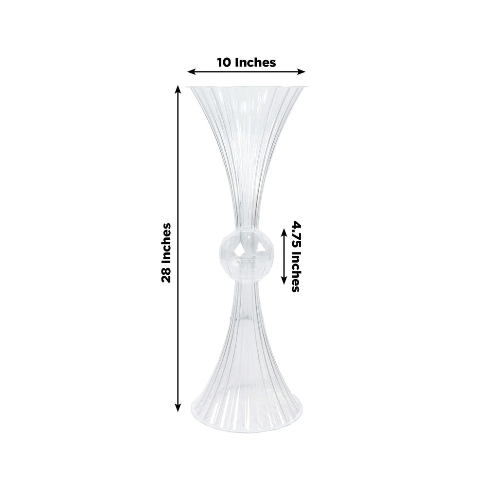 4 Pack Ribbed Acrylic Trumpet Vases – 28" Clear Reversible Flower Centerpiece with Crystal Ball Accent