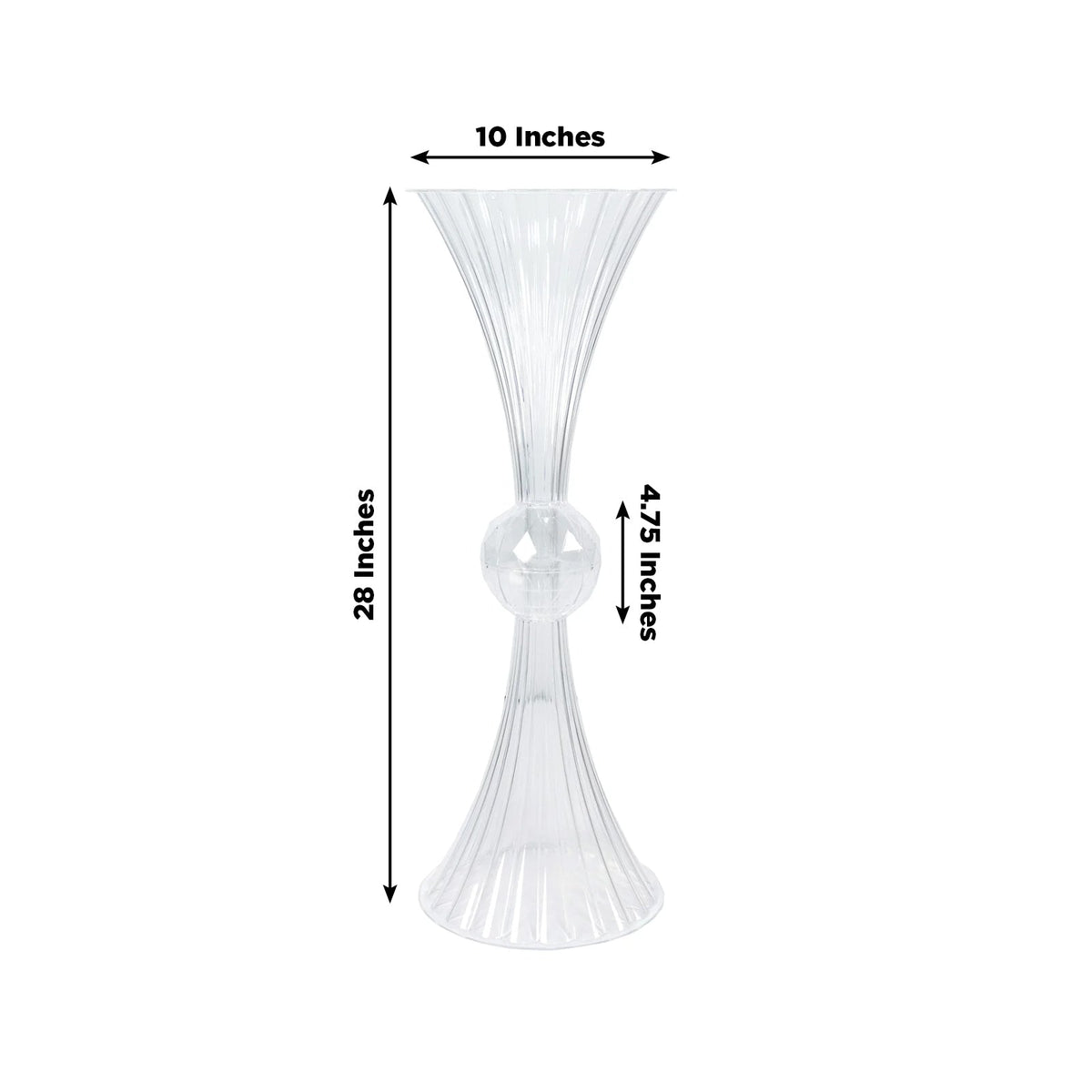 4 Pack Ribbed Acrylic Trumpet Vases – 28" Clear Reversible Flower Centerpiece with Crystal Ball Accent