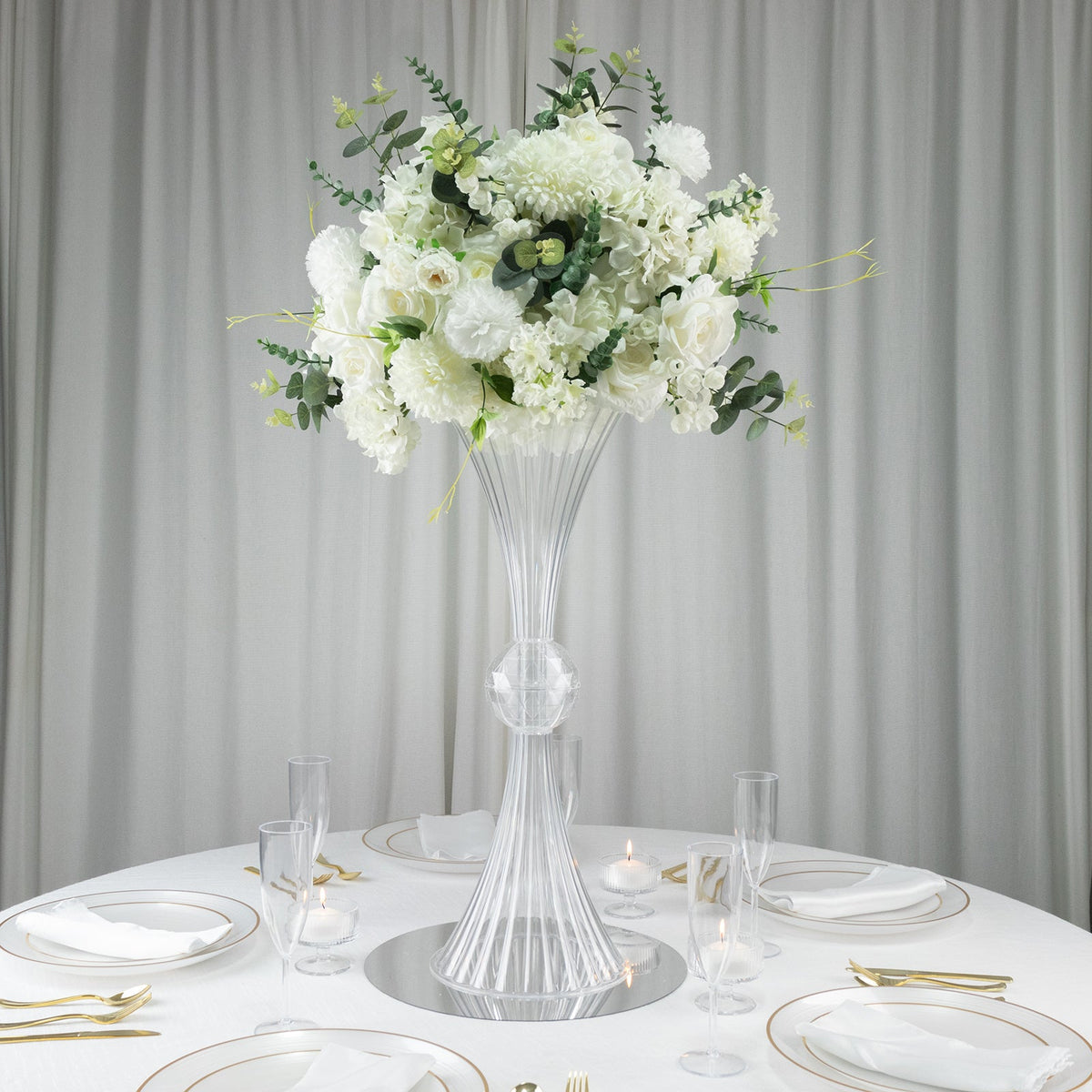 4 Pack Ribbed Acrylic Trumpet Vases – 28" Clear Reversible Flower Centerpiece with Crystal Ball Accent