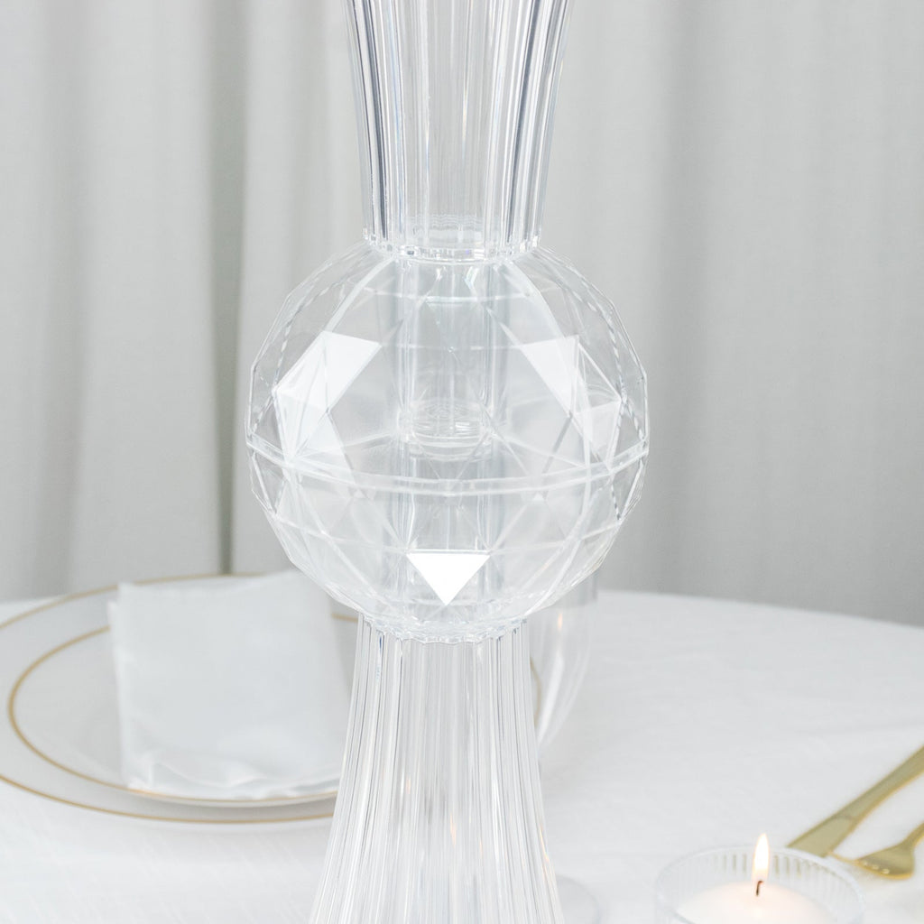 4 Pack Ribbed Acrylic Trumpet Vases – 28" Clear Reversible Flower Centerpiece with Crystal Ball Accent