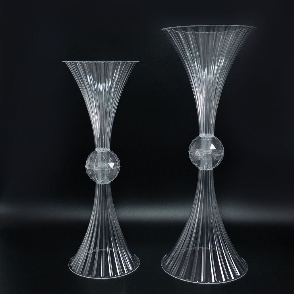 4 Pack Ribbed Acrylic Trumpet Vases – 28" Clear Reversible Flower Centerpiece with Crystal Ball Accent