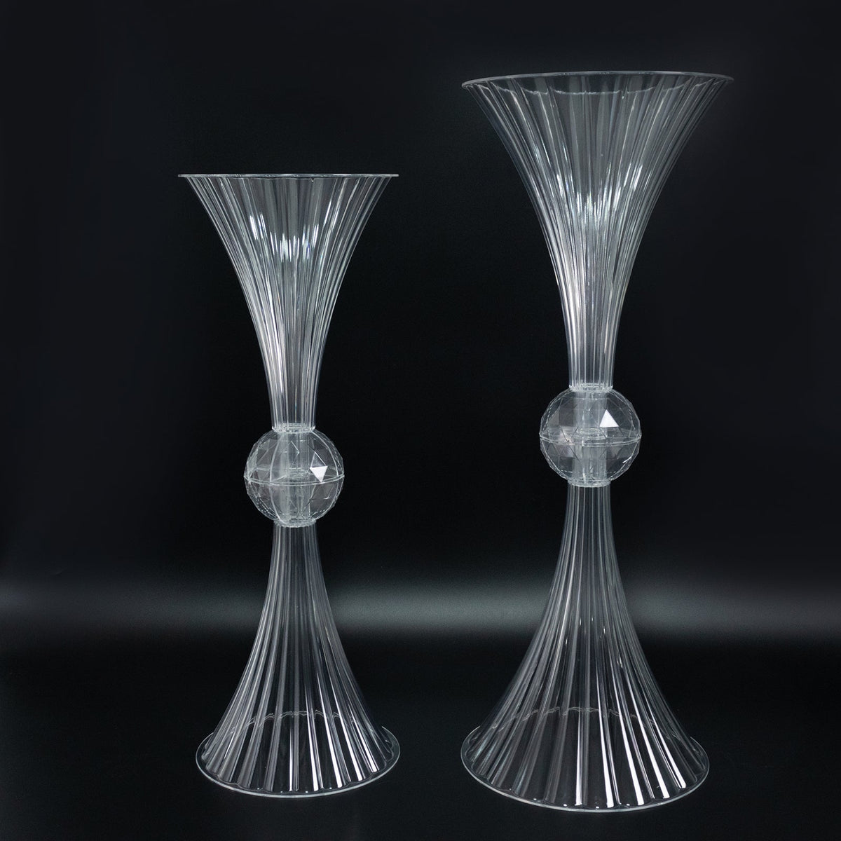 4 Pack Ribbed Acrylic Trumpet Vases – 28" Clear Reversible Flower Centerpiece with Crystal Ball Accent