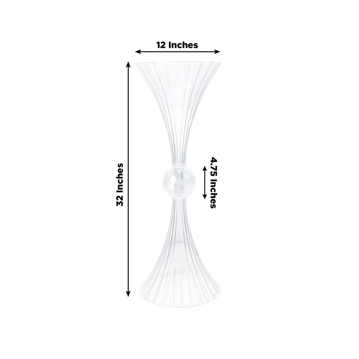 4 Pack Ribbed Acrylic Trumpet Vases – 32" Clear Reversible Flower Centerpiece with Crystal Ball Accent