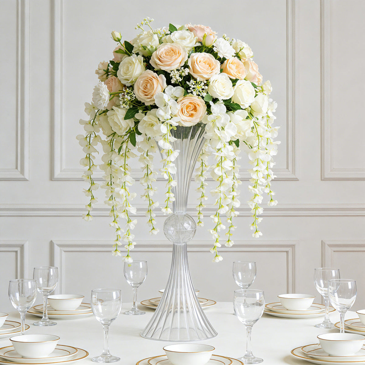4 Pack Ribbed Acrylic Trumpet Vases – 32" Clear Reversible Flower Centerpiece with Crystal Ball Accent