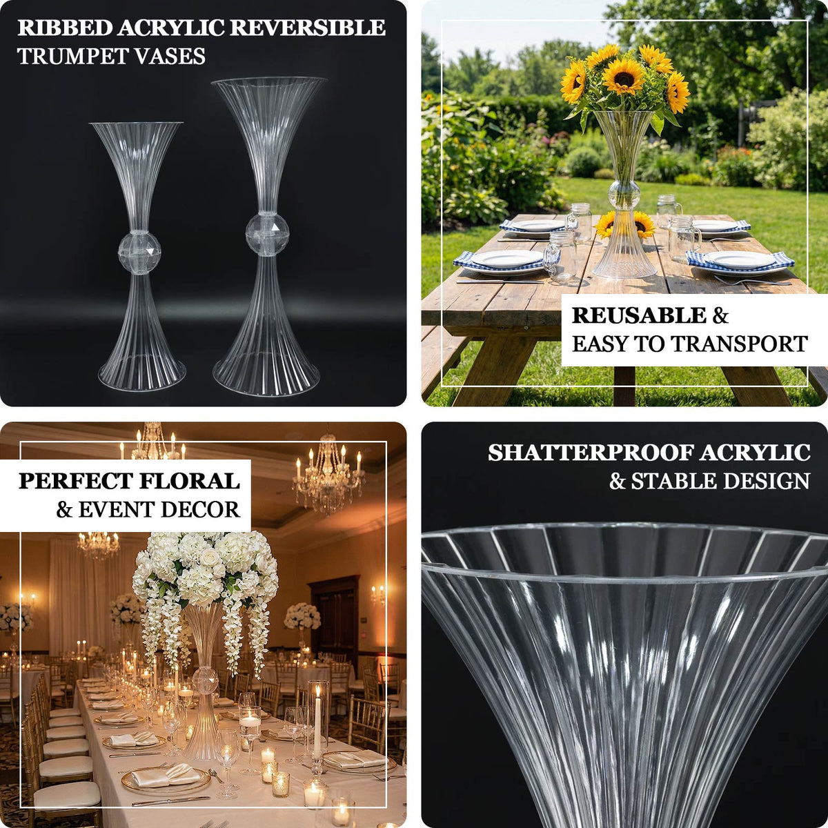 4 Pack Ribbed Acrylic Trumpet Vases – 32" Clear Reversible Flower Centerpiece with Crystal Ball Accent
