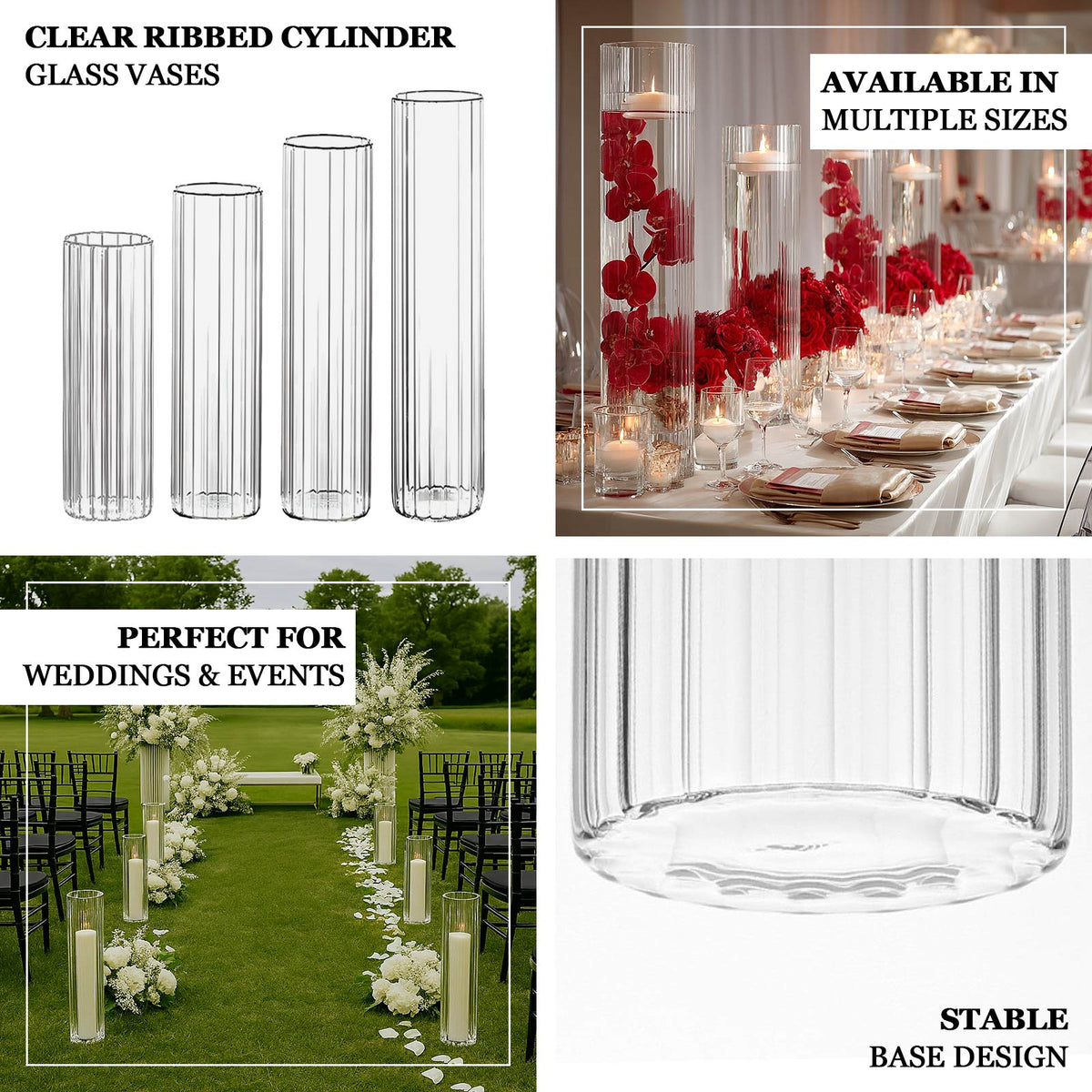 2 Pack Ribbed Cylinder Floor Vases – 40" Tall Oversized Clear Glass Vases for Grand Venue Displays & Lobbies