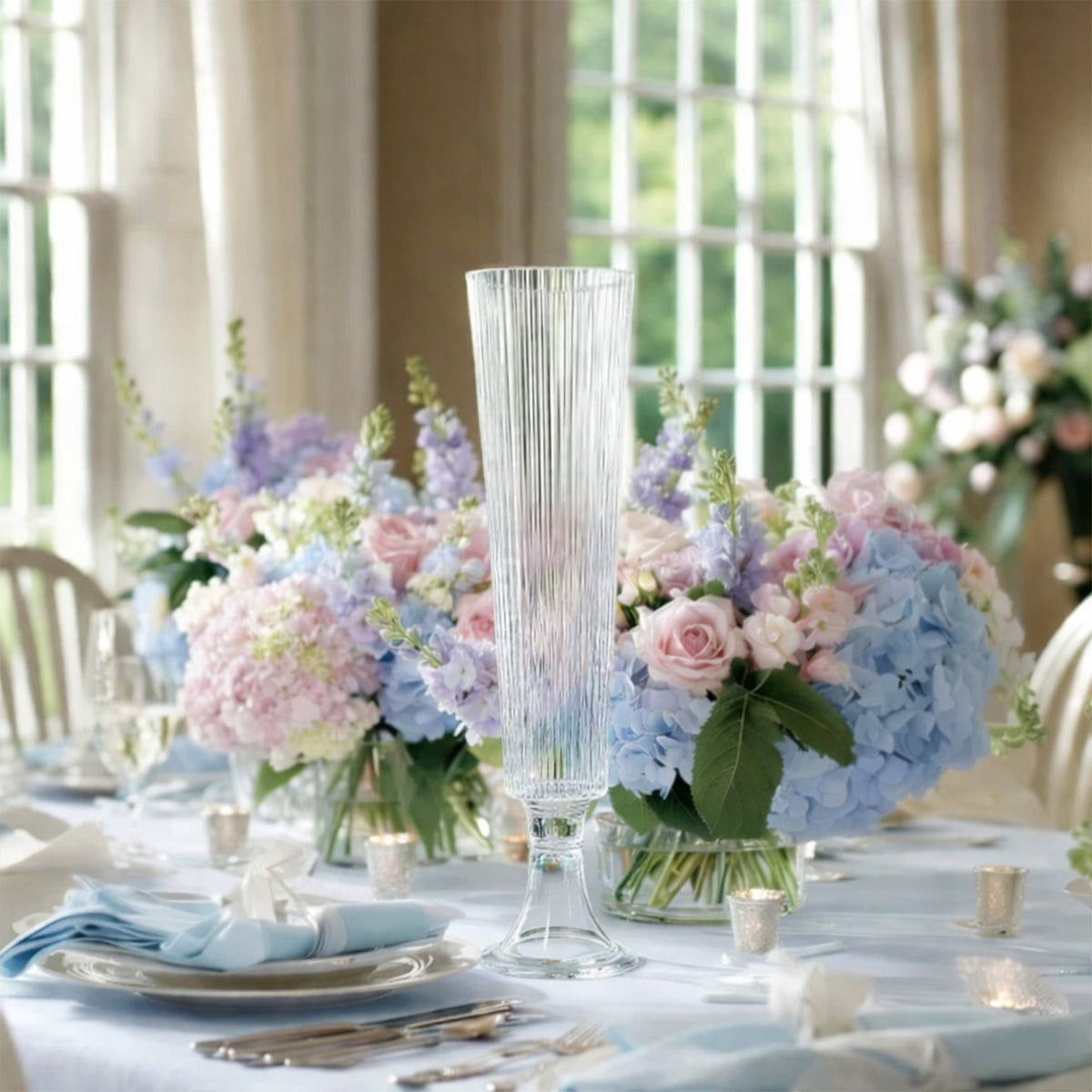 4-Pack Glass Trumpet Vases Ribbed Design 20" Clear - Heavy Duty Floral Wedding Centerpieces