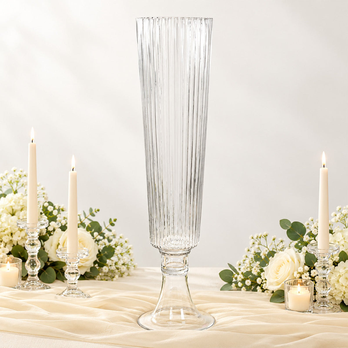 2 Pack Ribbed Glass Trumpet Vases, 26" Tall, Clear - Wedding Floral Centerpiece