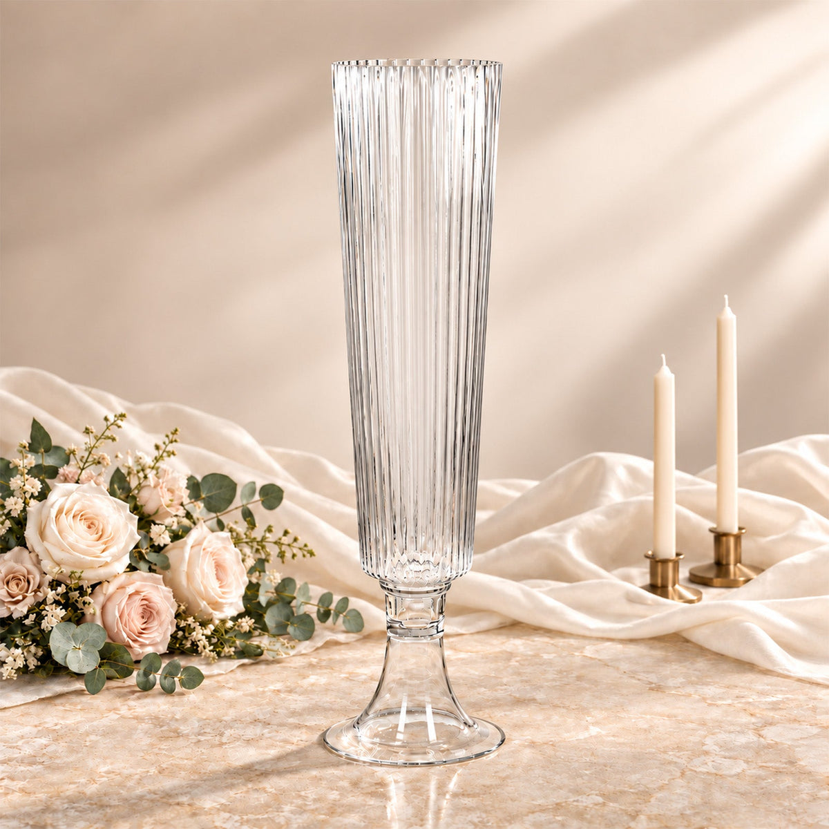 2 Pack Ribbed Glass Trumpet Vases, 26" Tall, Clear - Wedding Floral Centerpiece