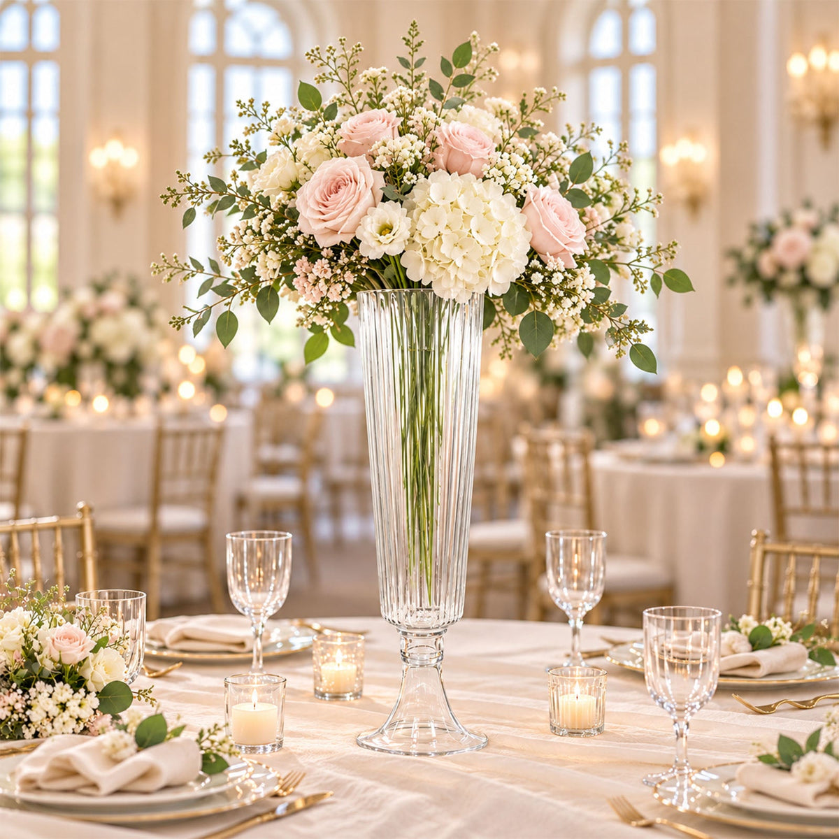 2 Pack Ribbed Glass Trumpet Vases, 26" Tall, Clear - Wedding Floral Centerpiece