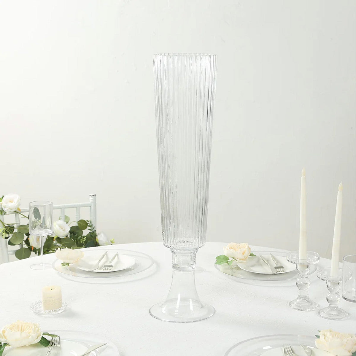 2-Pack Glass Trumpet Vases Ribbed Design 32" Clear - Heavy Duty Floral Wedding Centerpieces