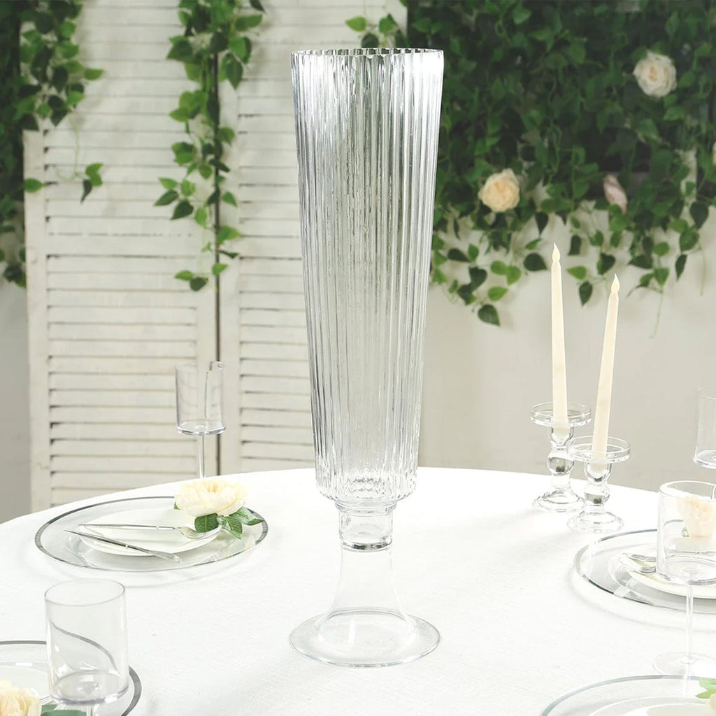 2-Pack Glass Trumpet Vases Ribbed Design 32" Clear - Heavy Duty Floral Wedding Centerpieces