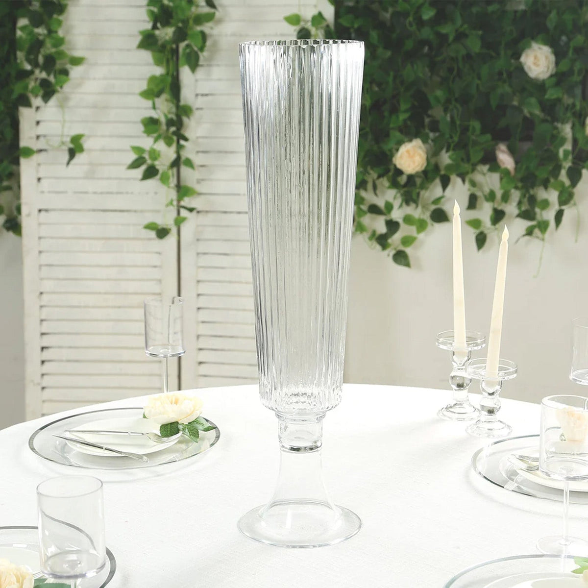 2-Pack Glass Trumpet Vases Ribbed Design 32" Clear - Heavy Duty Floral Wedding Centerpieces